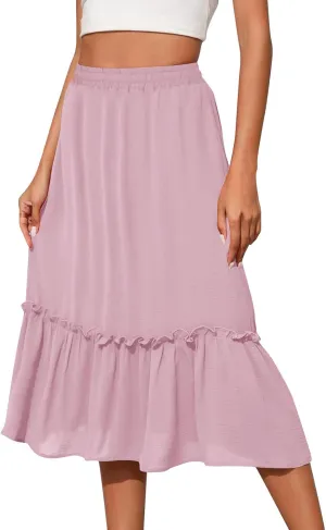 Womens Causal Ruffle Summer Beach Midi Skirts Trendy Elastic High Waisted Flowy A-Line Boho Long Skirt with Pockets