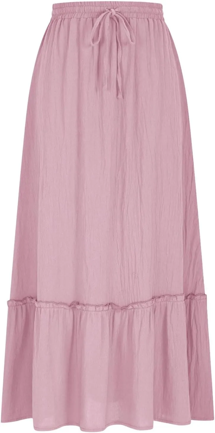 Womens Causal Ruffle Summer Beach Midi Skirts Trendy Elastic High Waisted Flowy A-Line Boho Long Skirt with Pockets
