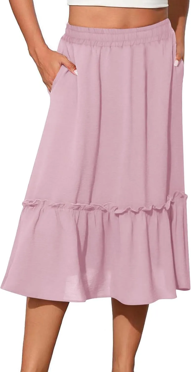 Womens Causal Ruffle Summer Beach Midi Skirts Trendy Elastic High Waisted Flowy A-Line Boho Long Skirt with Pockets