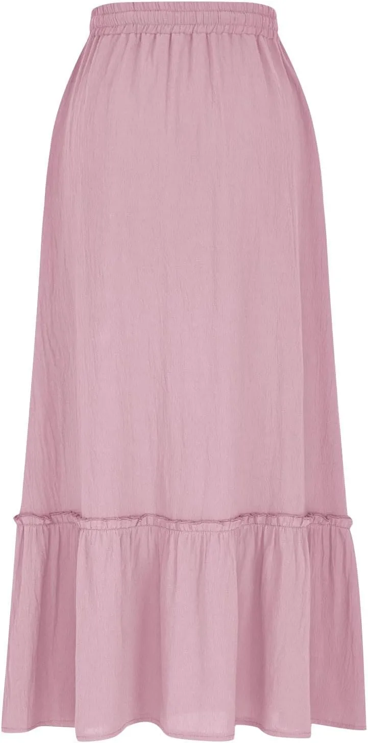 Womens Causal Ruffle Summer Beach Midi Skirts Trendy Elastic High Waisted Flowy A-Line Boho Long Skirt with Pockets