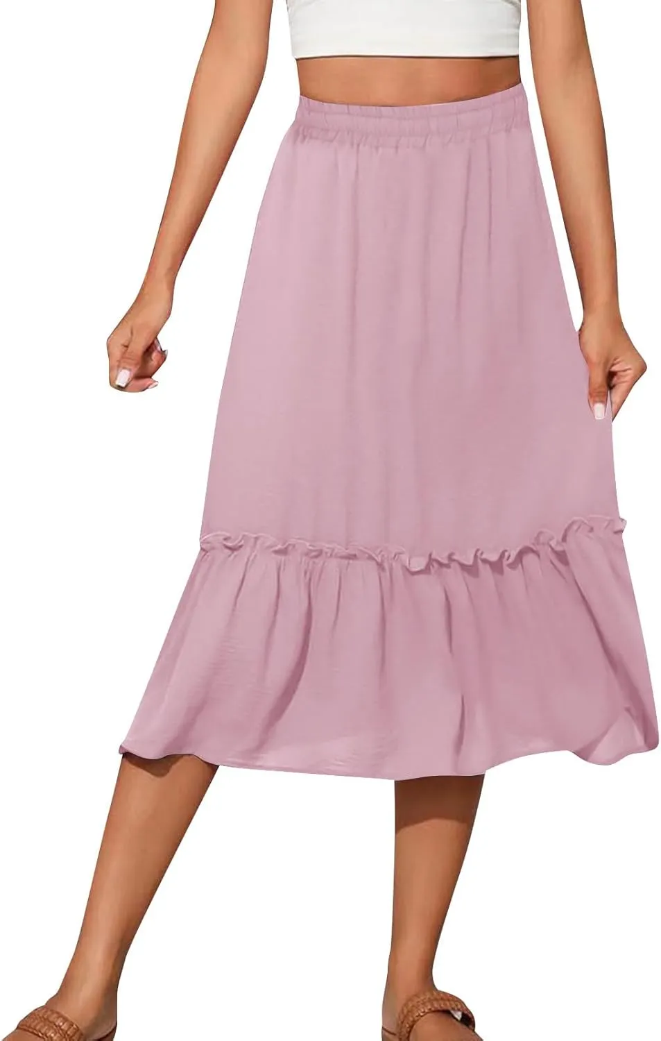Womens Causal Ruffle Summer Beach Midi Skirts Trendy Elastic High Waisted Flowy A-Line Boho Long Skirt with Pockets
