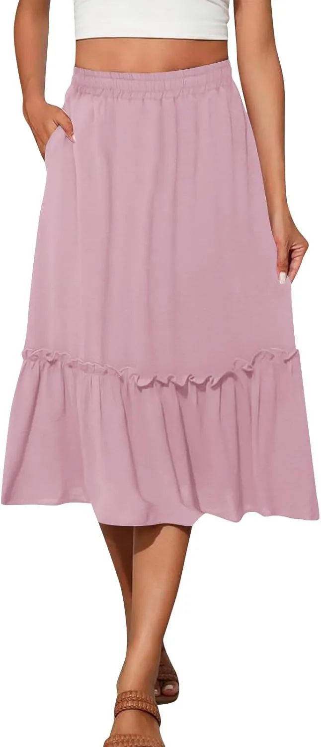 Womens Causal Ruffle Summer Beach Midi Skirts Trendy Elastic High Waisted Flowy A-Line Boho Long Skirt with Pockets