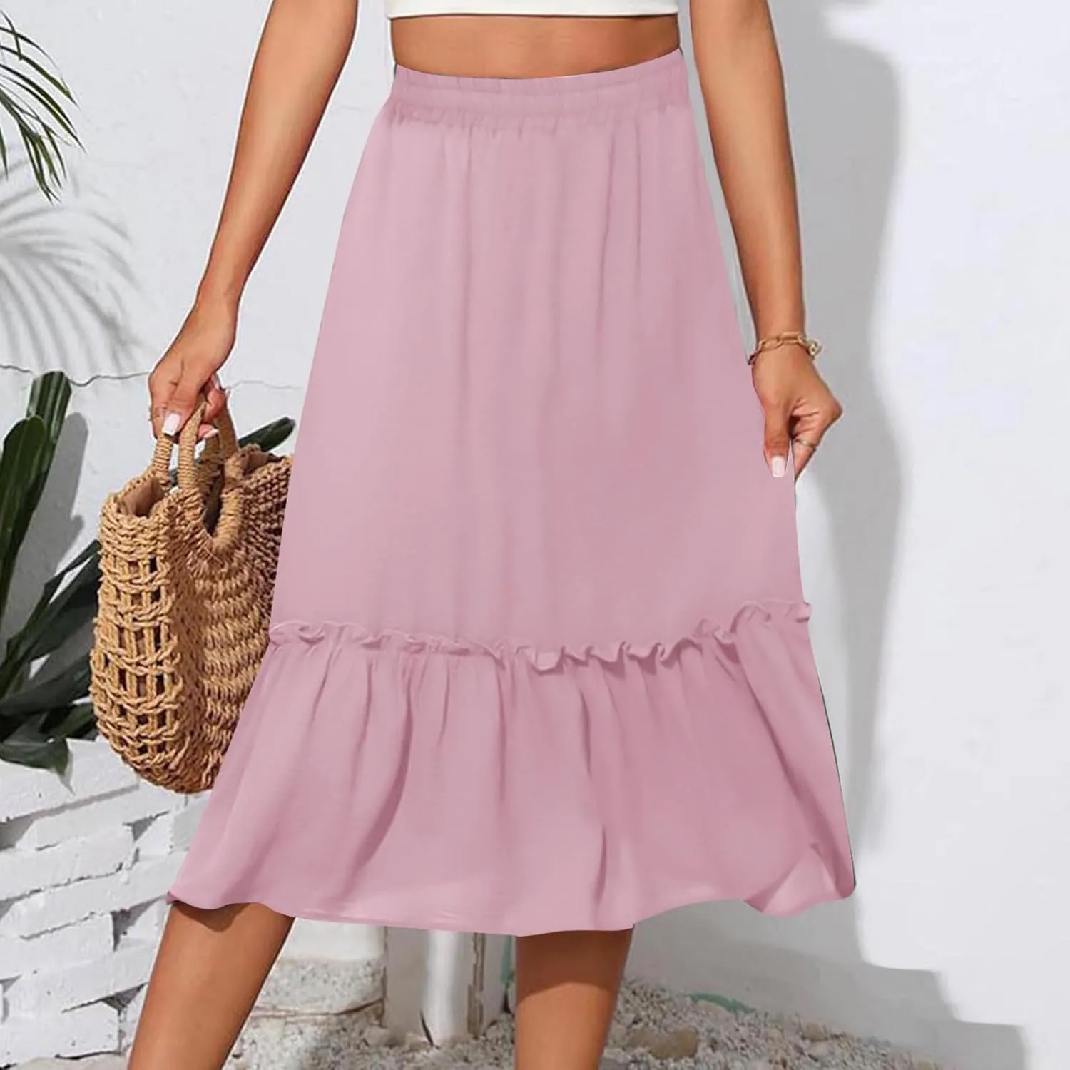 Womens Causal Ruffle Summer Beach Midi Skirts Trendy Elastic High Waisted Flowy A-Line Boho Long Skirt with Pockets