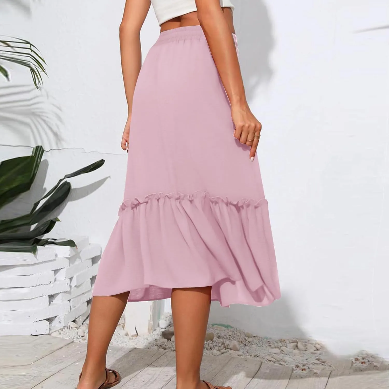 Womens Causal Ruffle Summer Beach Midi Skirts Trendy Elastic High Waisted Flowy A-Line Boho Long Skirt with Pockets