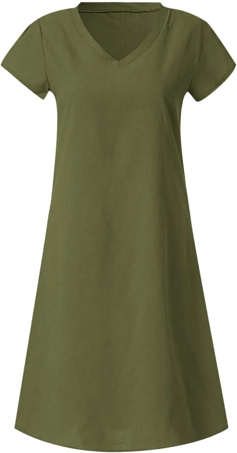 Womens Cotton Linen Midi Dress Short Sleeve V-Neck Summer T-Shirt Dresses Solid Loungewear Comfort Flowy Beach Dress