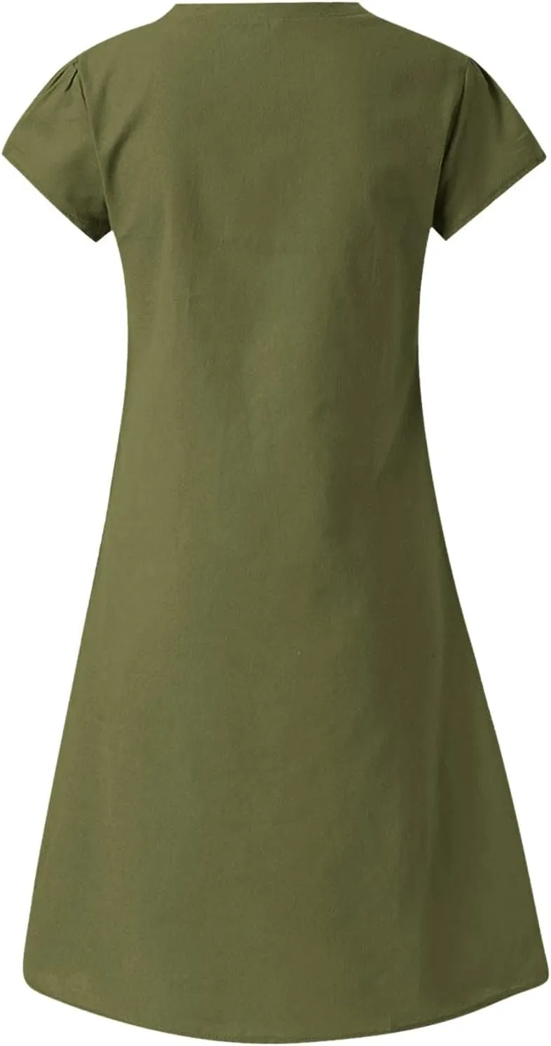 Womens Cotton Linen Midi Dress Short Sleeve V-Neck Summer T-Shirt Dresses Solid Loungewear Comfort Flowy Beach Dress