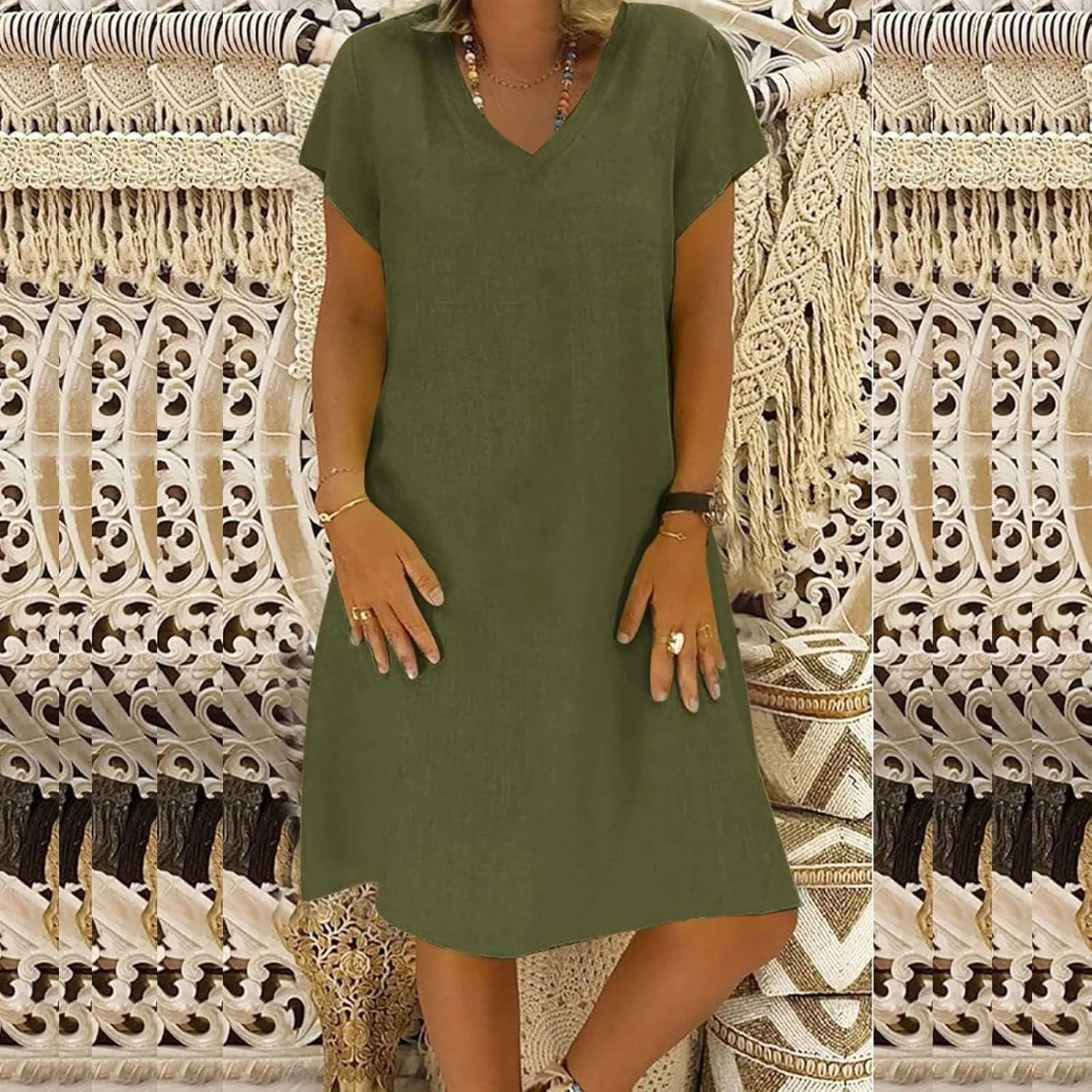 Womens Cotton Linen Midi Dress Short Sleeve V-Neck Summer T-Shirt Dresses Solid Loungewear Comfort Flowy Beach Dress