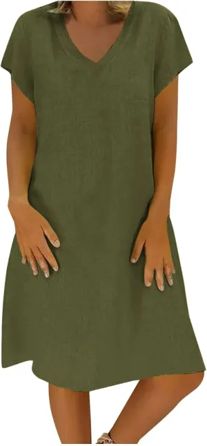 Womens Cotton Linen Midi Dress Short Sleeve V-Neck Summer T-Shirt Dresses Solid Loungewear Comfort Flowy Beach Dress