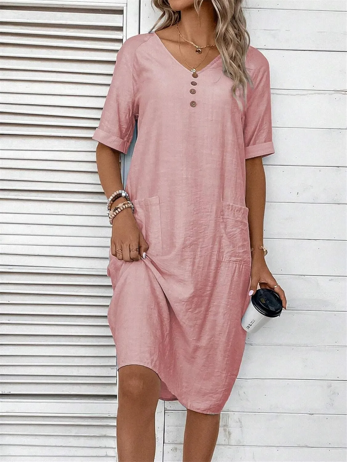 Womens Cotton Shirt Dress Summer Casual Short Sleeve V-Neck Dress Beach Cover Up Shirts Vacation Dresses with Pockets
