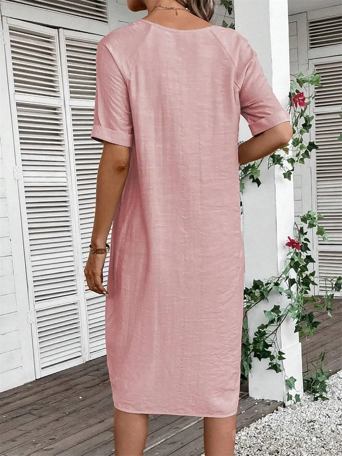 Womens Cotton Shirt Dress Summer Casual Short Sleeve V-Neck Dress Beach Cover Up Shirts Vacation Dresses with Pockets