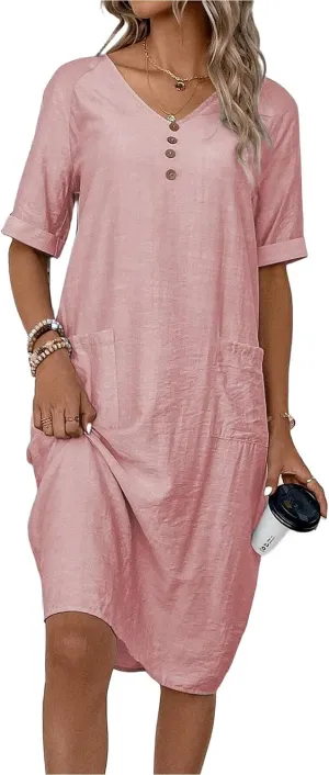 Womens Cotton Shirt Dress Summer Casual Short Sleeve V-Neck Dress Beach Cover Up Shirts Vacation Dresses with Pockets