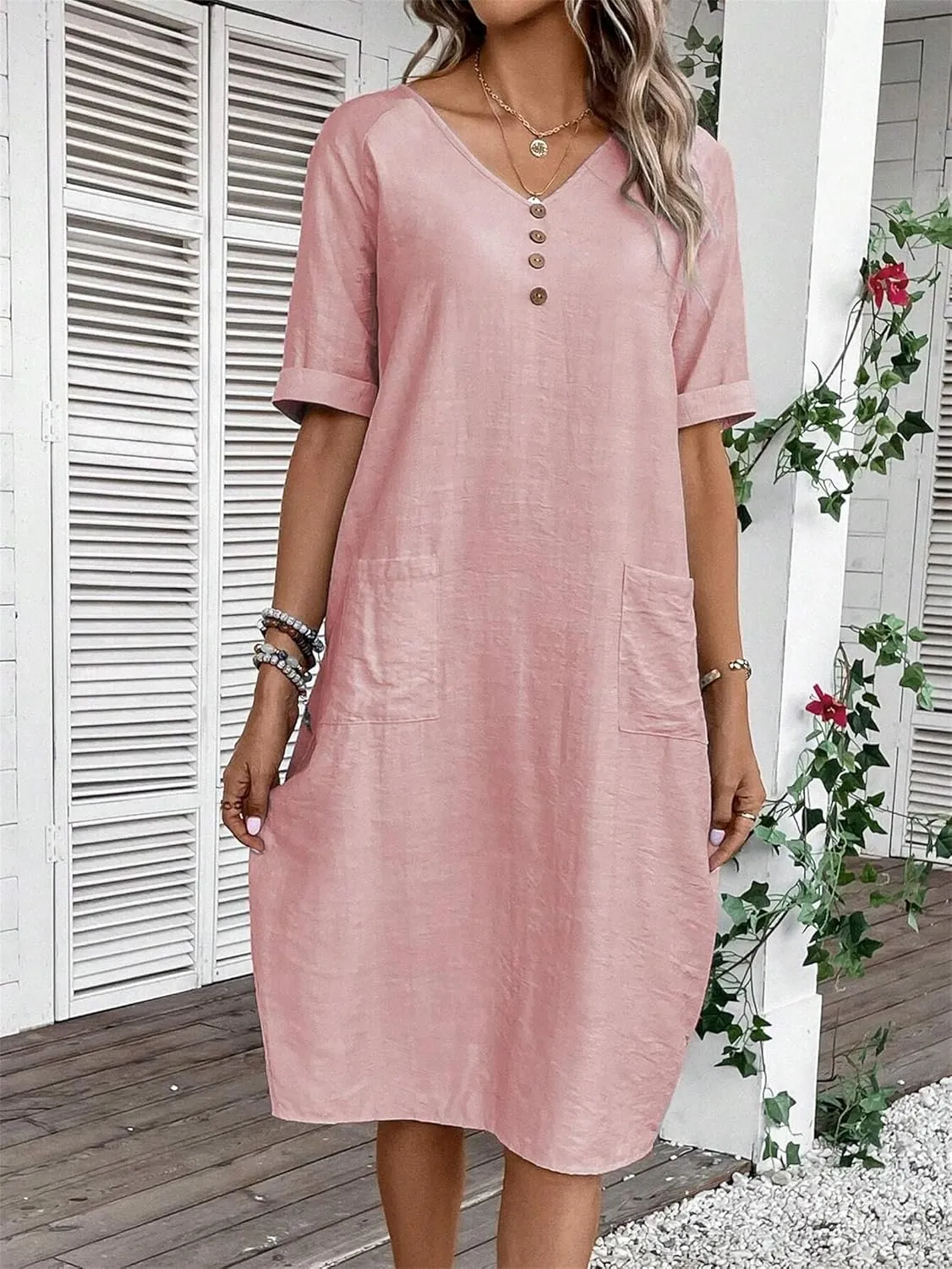 Womens Cotton Shirt Dress Summer Casual Short Sleeve V-Neck Dress Beach Cover Up Shirts Vacation Dresses with Pockets