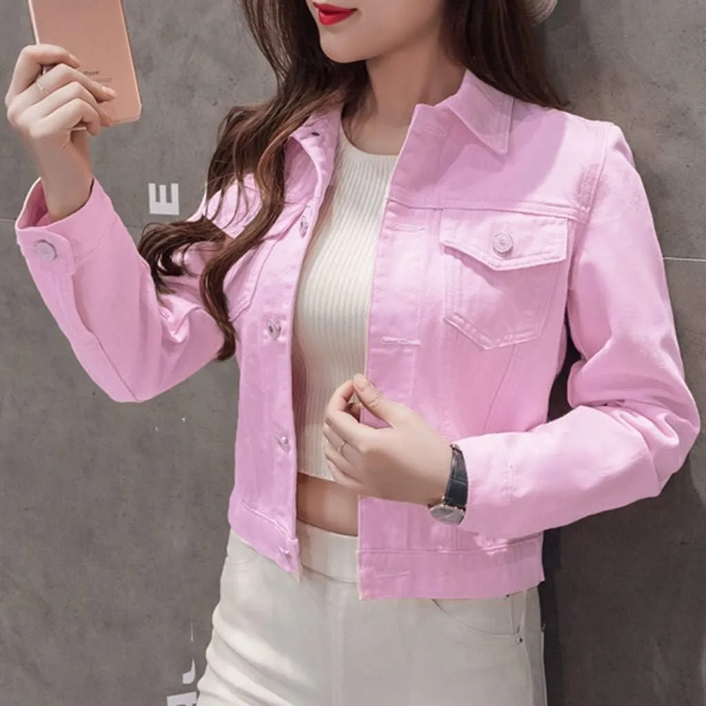 Womens Cropped Denim Jackets Short Basic 2024 Stretch Button Down Pocket Long Sleeve Jacket Fitted Crop Denim Jacket