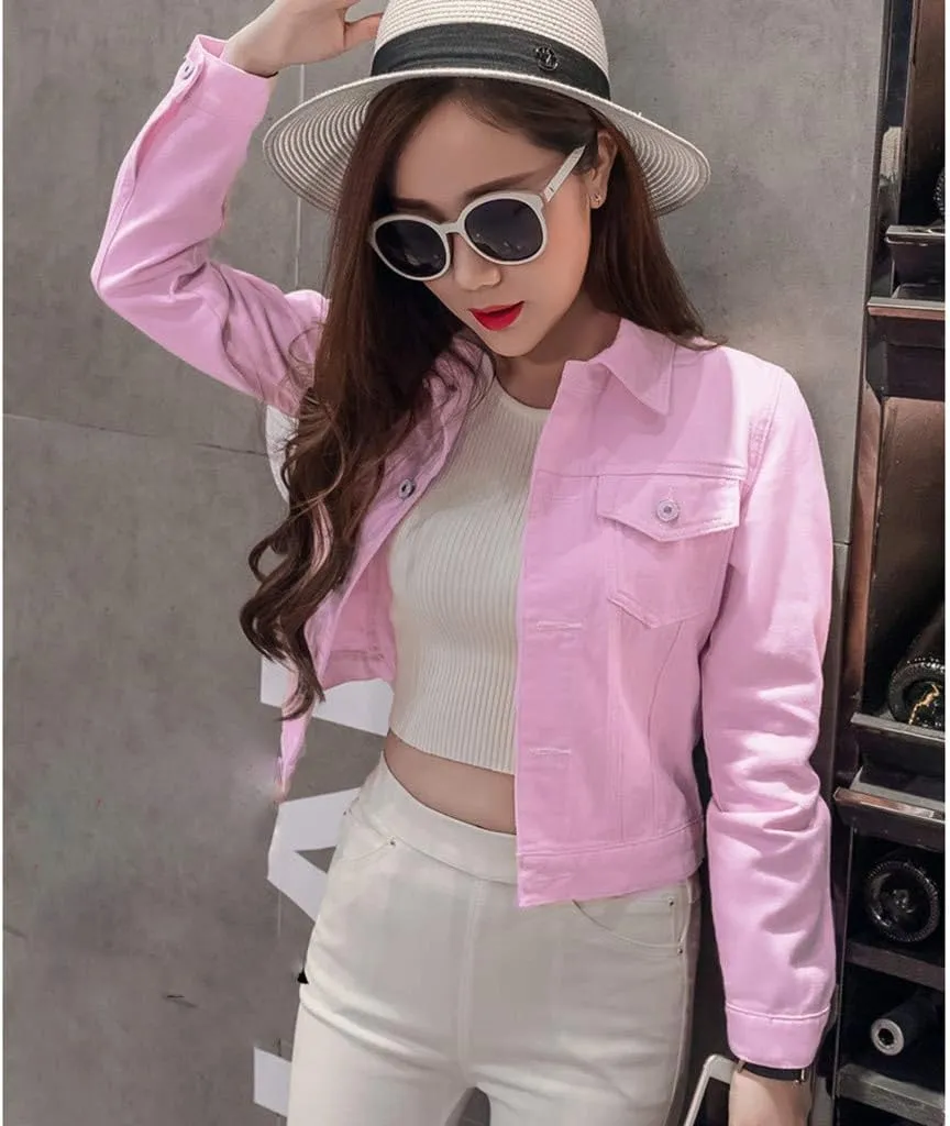 Womens Cropped Denim Jackets Short Basic 2024 Stretch Button Down Pocket Long Sleeve Jacket Fitted Crop Denim Jacket