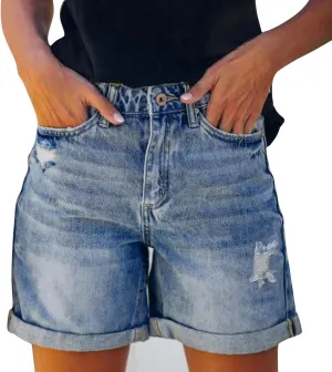 Womens Denim Shorts Ripped High Waisted Stretchable Mom Jean Shorts Plain Color Casual Folded Hem Hot Shorts Summer Shorts for Teen Girls