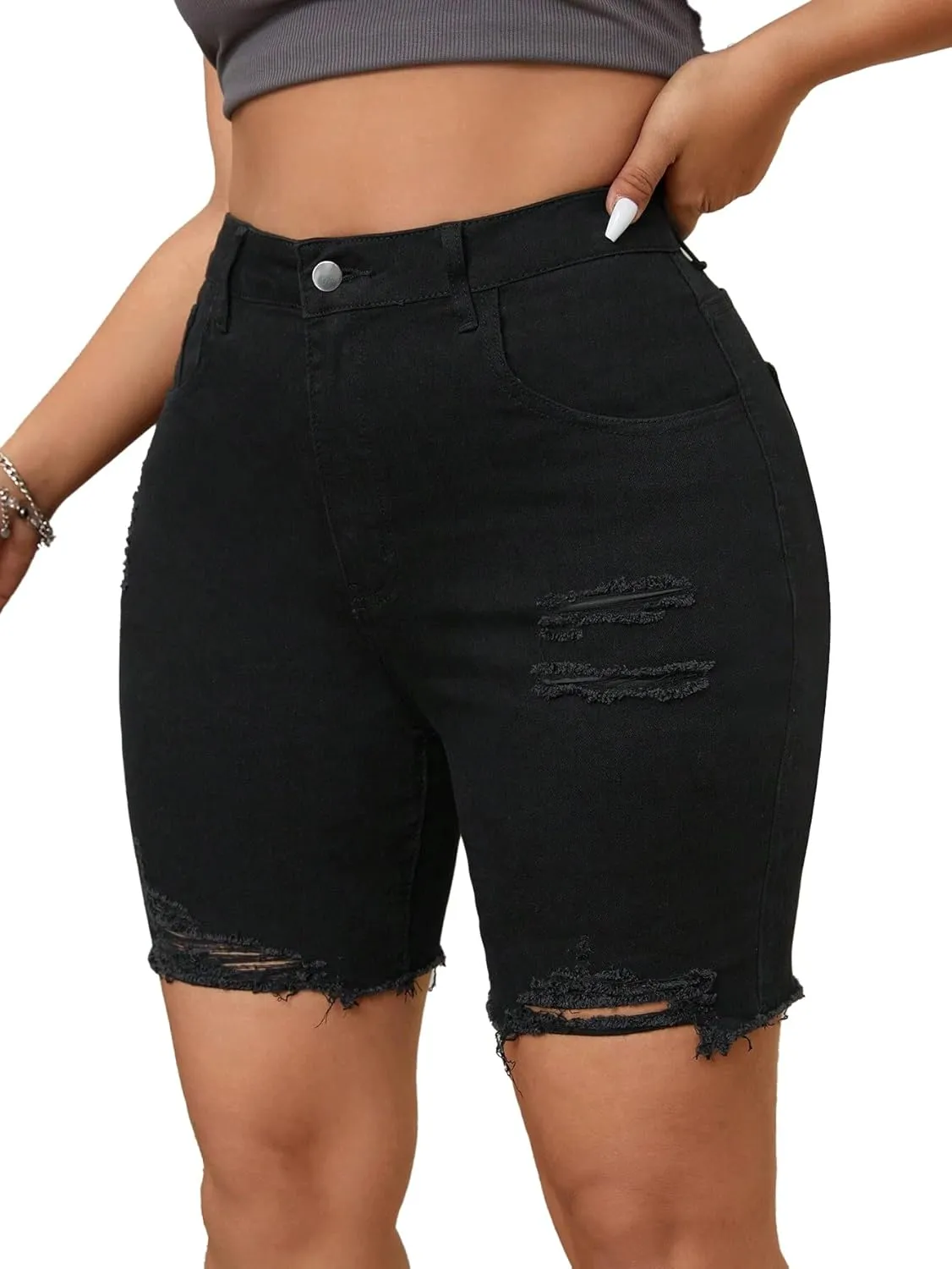 Women's Distressed Denim Bermuda Shorts, High Waist, Black, Ripped