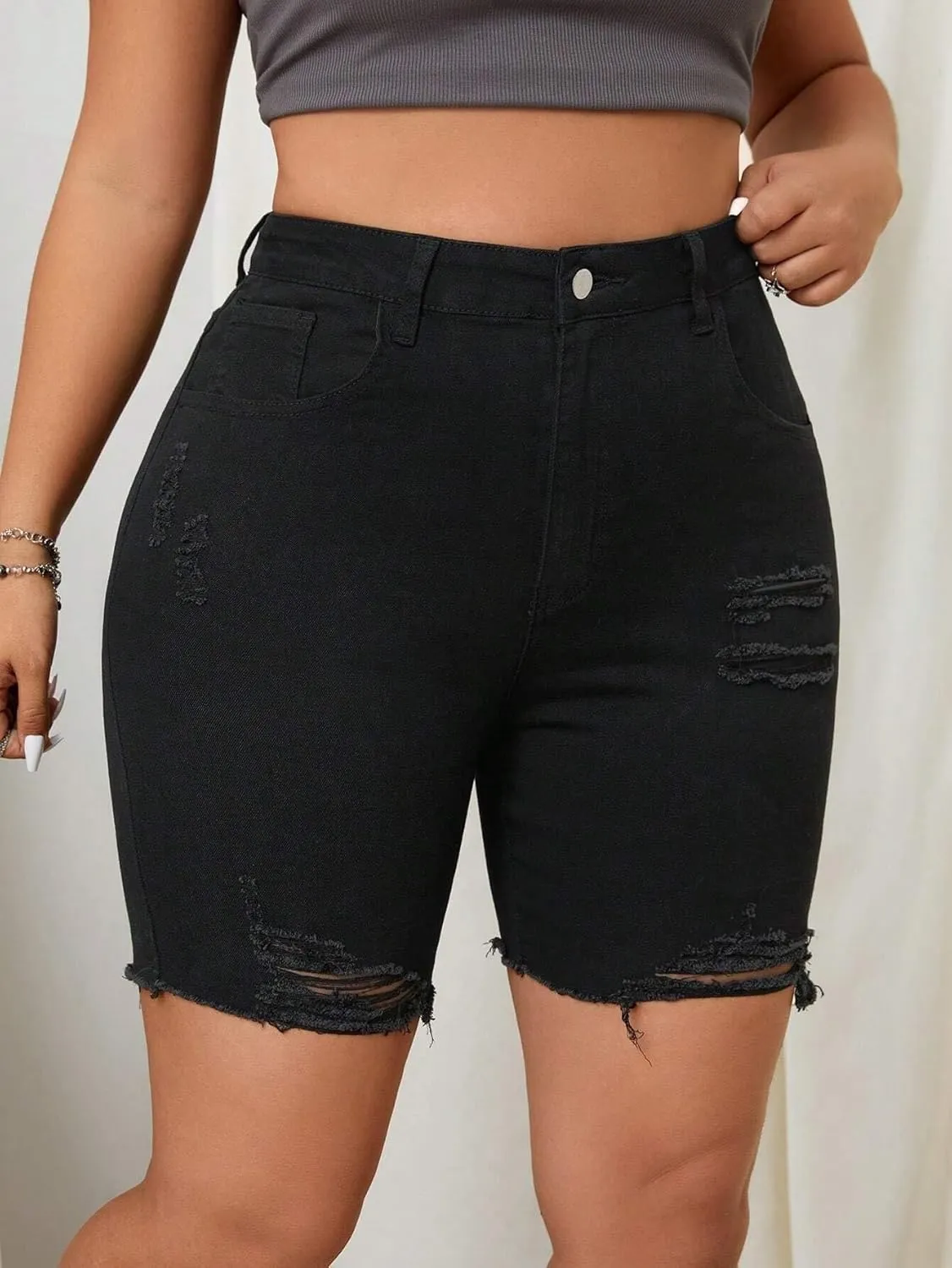 Women's Distressed Denim Bermuda Shorts, High Waist, Black, Ripped