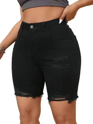 Women's Distressed Denim Bermuda Shorts, High Waist, Black, Ripped