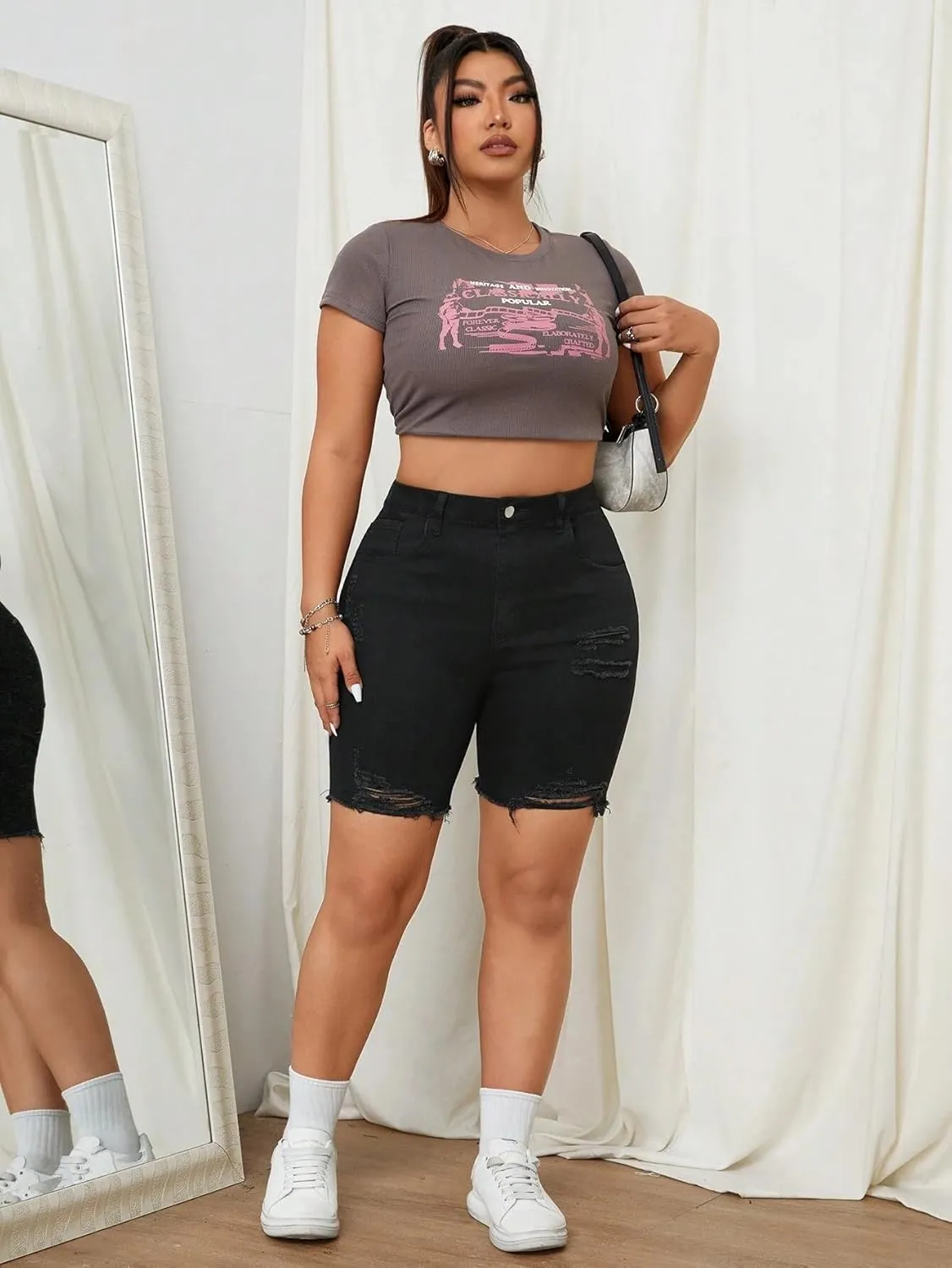 Women's Distressed Denim Bermuda Shorts, High Waist, Black, Ripped