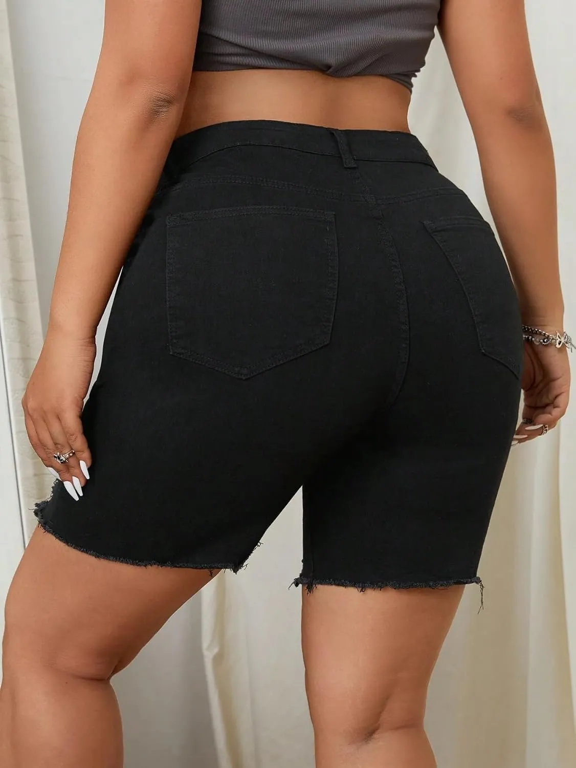 Women's Distressed Denim Bermuda Shorts, High Waist, Black, Ripped