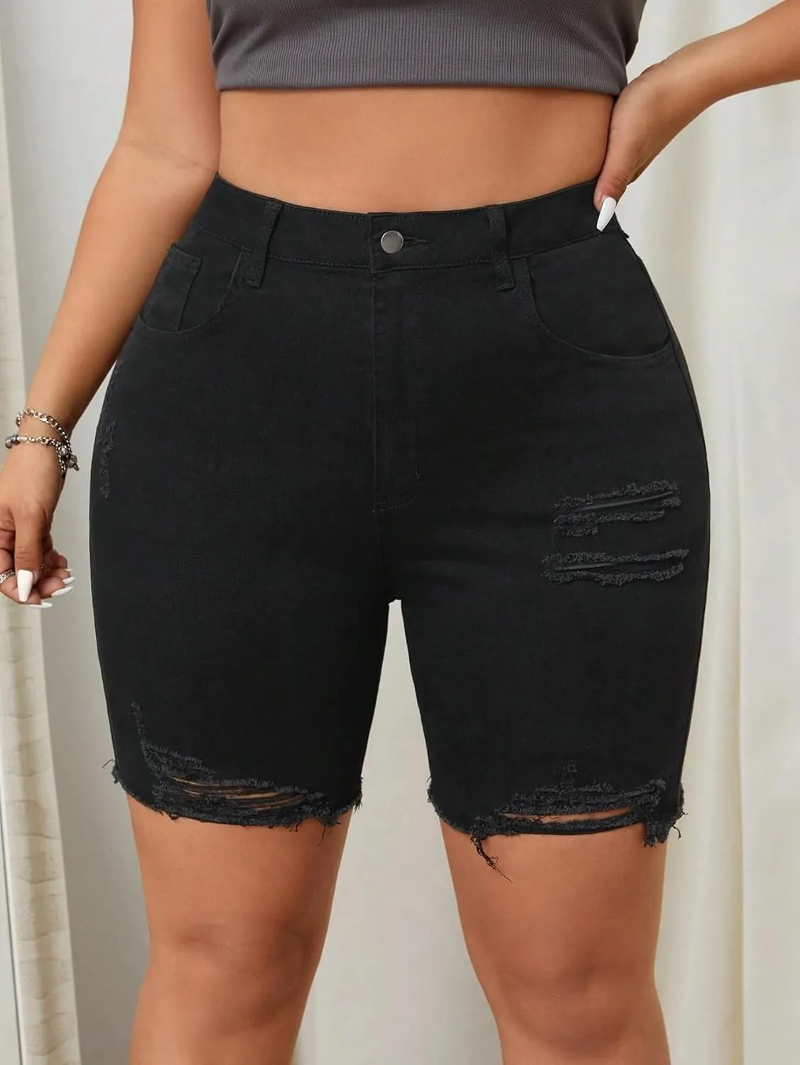 Women's Distressed Denim Bermuda Shorts, High Waist, Black, Ripped