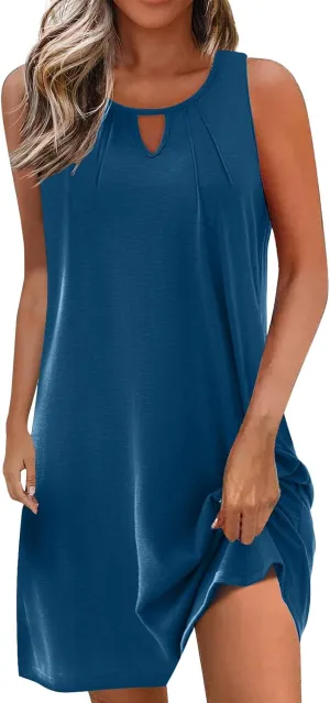 Womens Dresses Crewneck Sleeveless Hollow Mini Dress Ruffle Sexy Fashion Trendy Dressy Tops Dress Summer Sundress