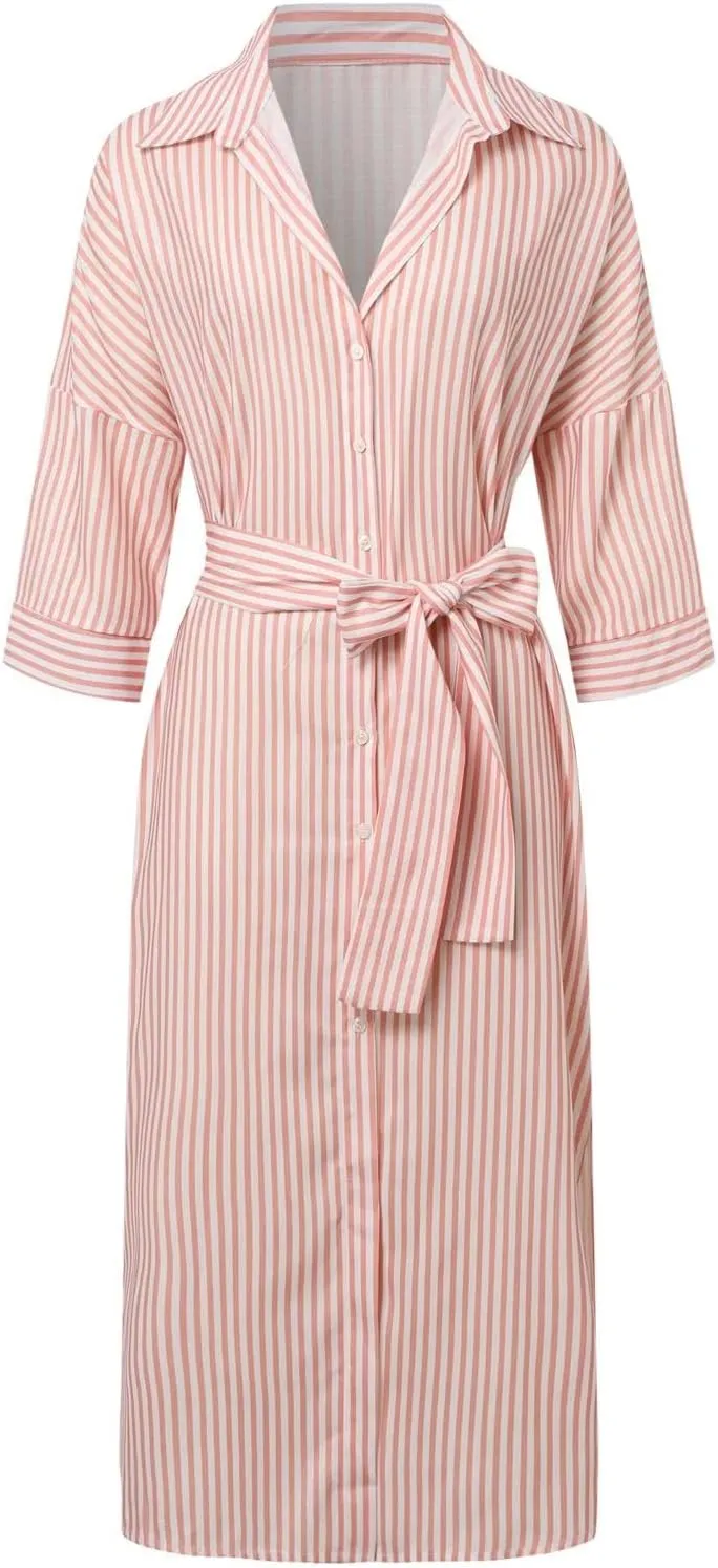 Womens Dresses Plus Size Button Down Collared 3/D Sleeve Dress Split Belted Vacation Maxi Dress Oversized Sundress