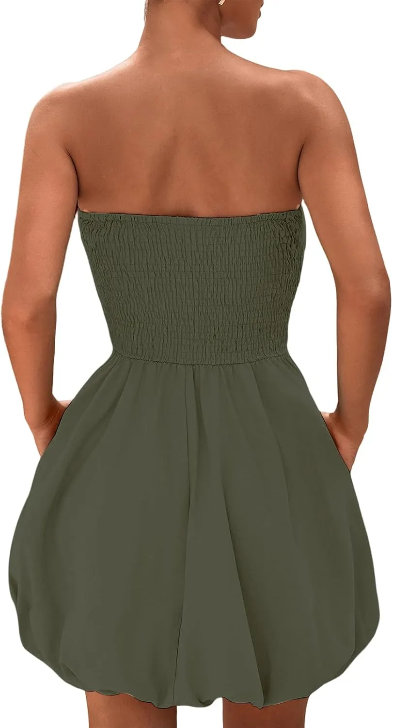 Womens Dresses Tube Top Bubble Mini Dress Smocked A Line Trendy Strapless Dress Summer Casual Party Dresses 2025