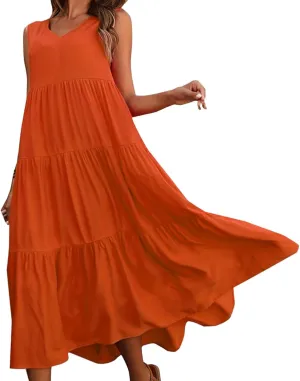 Womens Dresses V Neck Sleeveless Maxi Dress Summer Ruffle Elegant Tiered Layered Cocktail Party Dresses 2025
