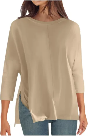 Womens Elbow Length Sleeve Tops with Side Slit Oversized Tees Solid Crew Neck Basic Casual Loose Tunic Tops Tshirt