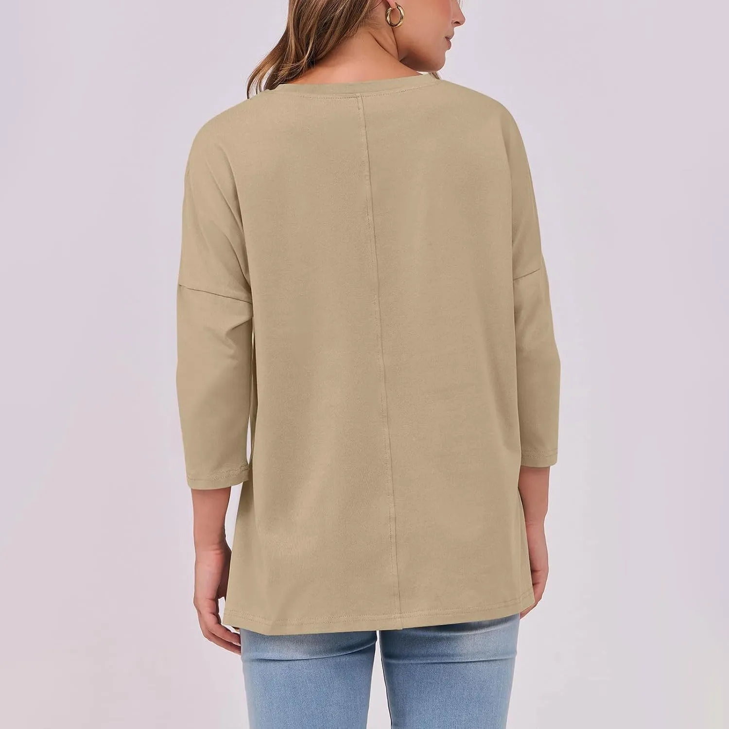 Womens Elbow Length Sleeve Tops with Side Slit Oversized Tees Solid Crew Neck Basic Casual Loose Tunic Tops Tshirt