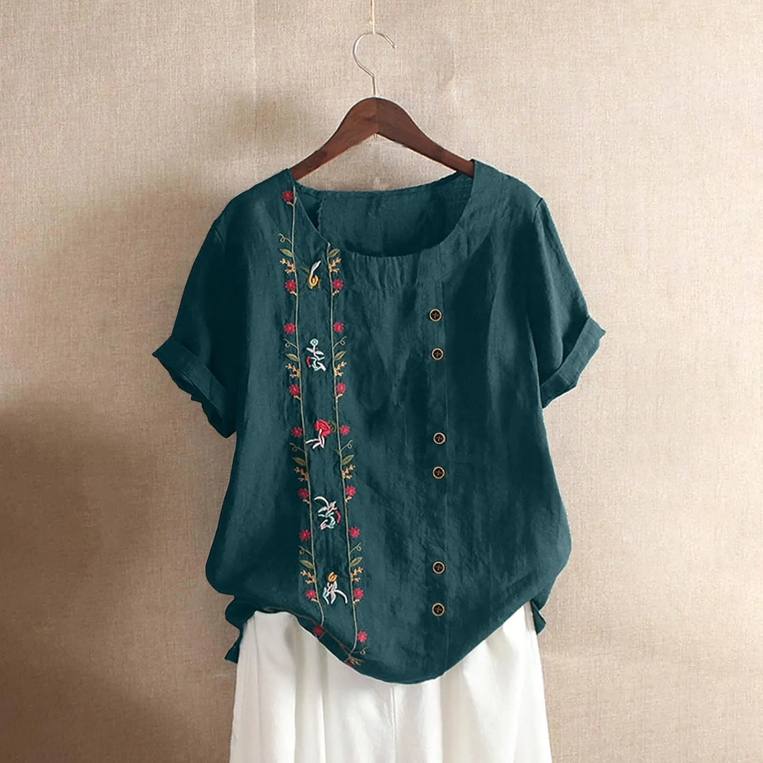 Womens Embroidered Tops Casual Summer Boho T Shirts Loose Fit Short Sleeve Floral Blouses