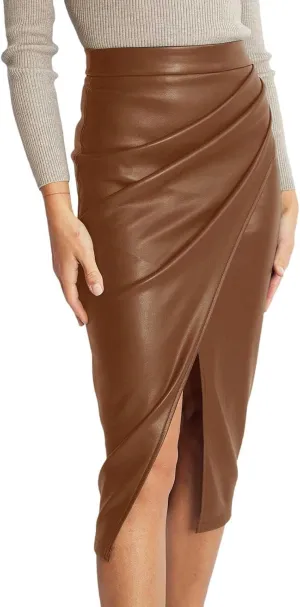 Womens Faux Leather Midi Skirt High Waisted Wrap Ruched Front Slit Zip Back Bodycon Stretchy Slim Fit Pencil Skirts