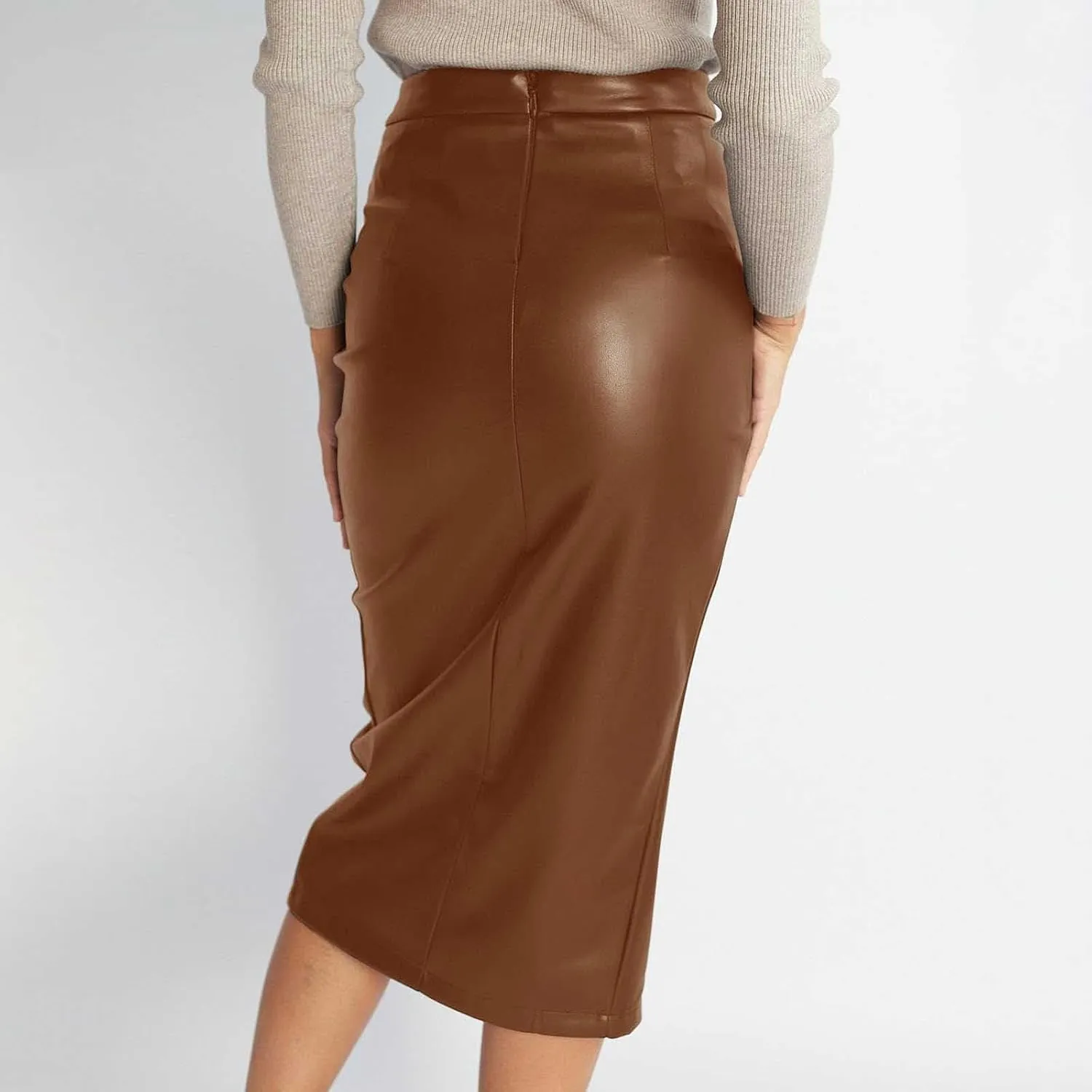Womens Faux Leather Midi Skirt High Waisted Wrap Ruched Front Slit Zip Back Bodycon Stretchy Slim Fit Pencil Skirts