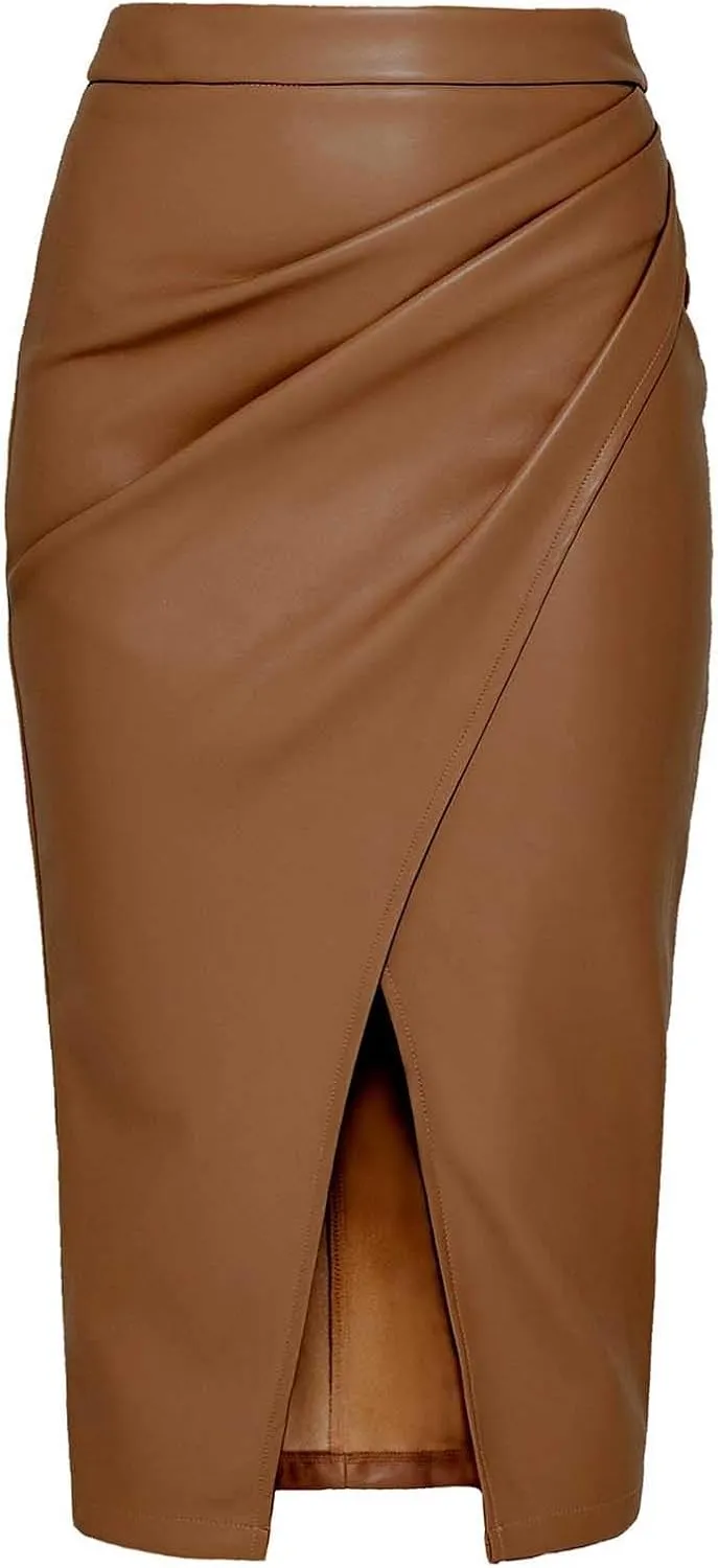 Womens Faux Leather Midi Skirt High Waisted Wrap Ruched Front Slit Zip Back Bodycon Stretchy Slim Fit Pencil Skirts