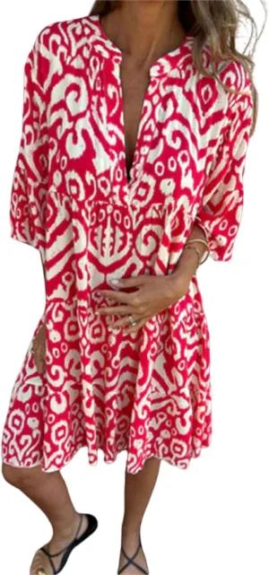 Womens Flora Boho Dress V Neck 3/4 Sleeve Midi Dresses Summer Casual Loose Waist Pleated Vacation Dress