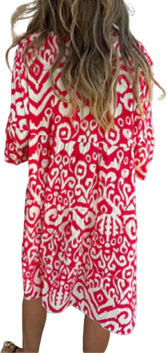 Womens Flora Boho Dress V Neck 3/4 Sleeve Midi Dresses Summer Casual Loose Waist Pleated Vacation Dress