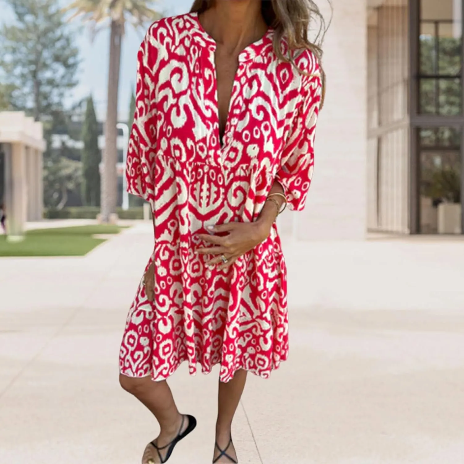 Womens Flora Boho Dress V Neck 3/4 Sleeve Midi Dresses Summer Casual Loose Waist Pleated Vacation Dress