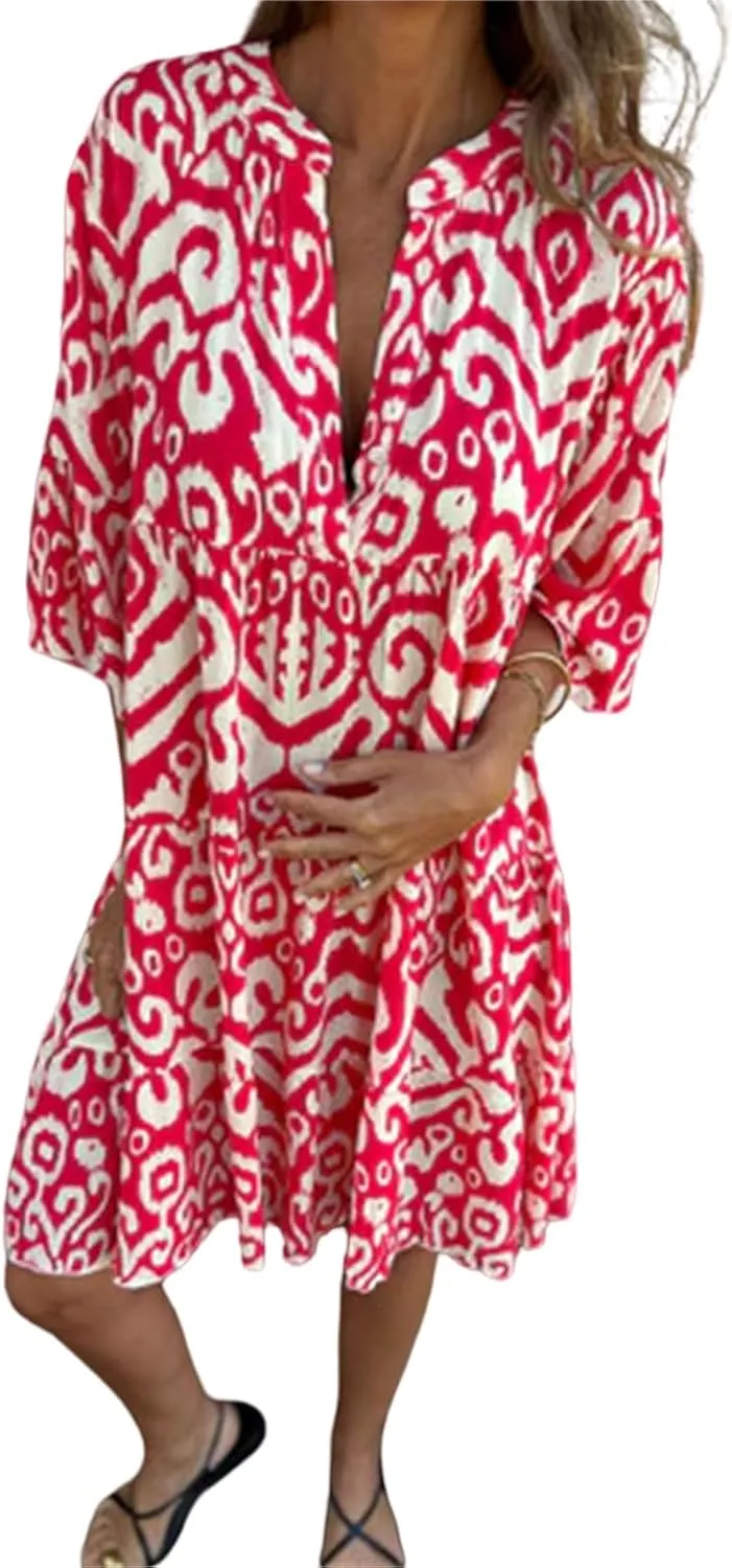 Womens Flora Boho Dress V Neck 3/4 Sleeve Midi Dresses Summer Casual Loose Waist Pleated Vacation Dress