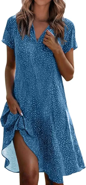 Womens Floral Dress V Neck Short Sleeve A-Line Midi Dresses Summer Casual Loose Wave Point Dress
