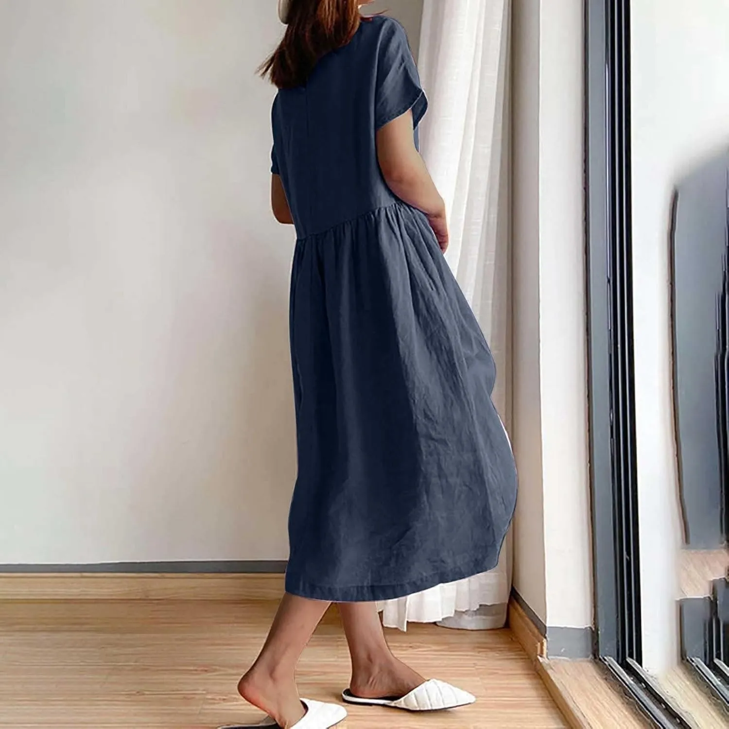 Women's Flowy Cotton Linen Dress Summer Beach Casual Loose Short Sleeve Round Neck Baggy Basic Solid Color Long Dress
