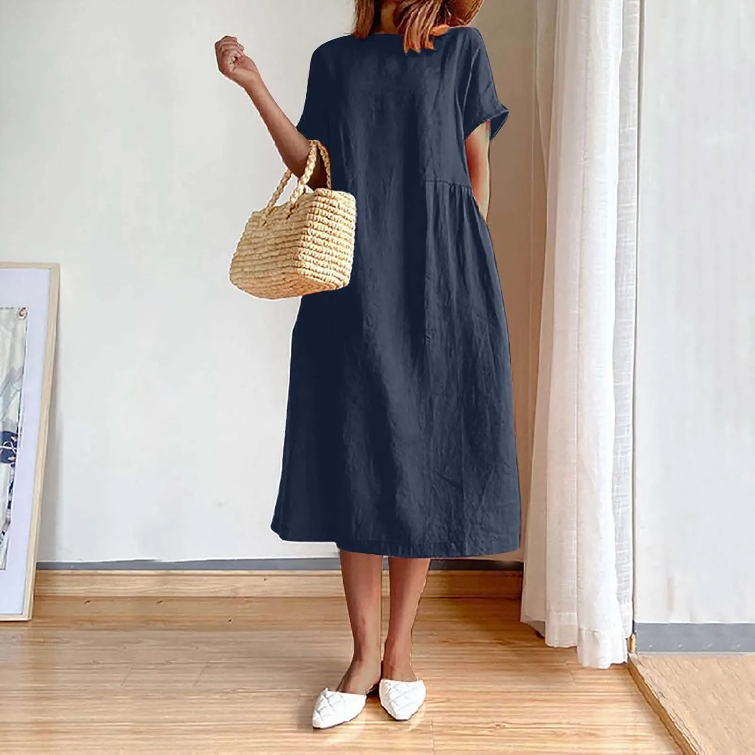 Women's Flowy Cotton Linen Dress Summer Beach Casual Loose Short Sleeve Round Neck Baggy Basic Solid Color Long Dress