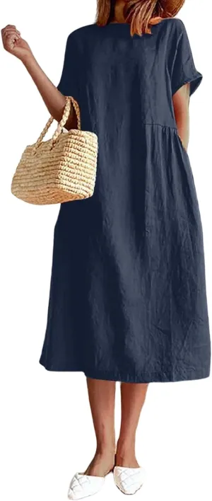 Women's Flowy Cotton Linen Dress Summer Beach Casual Loose Short Sleeve Round Neck Baggy Basic Solid Color Long Dress