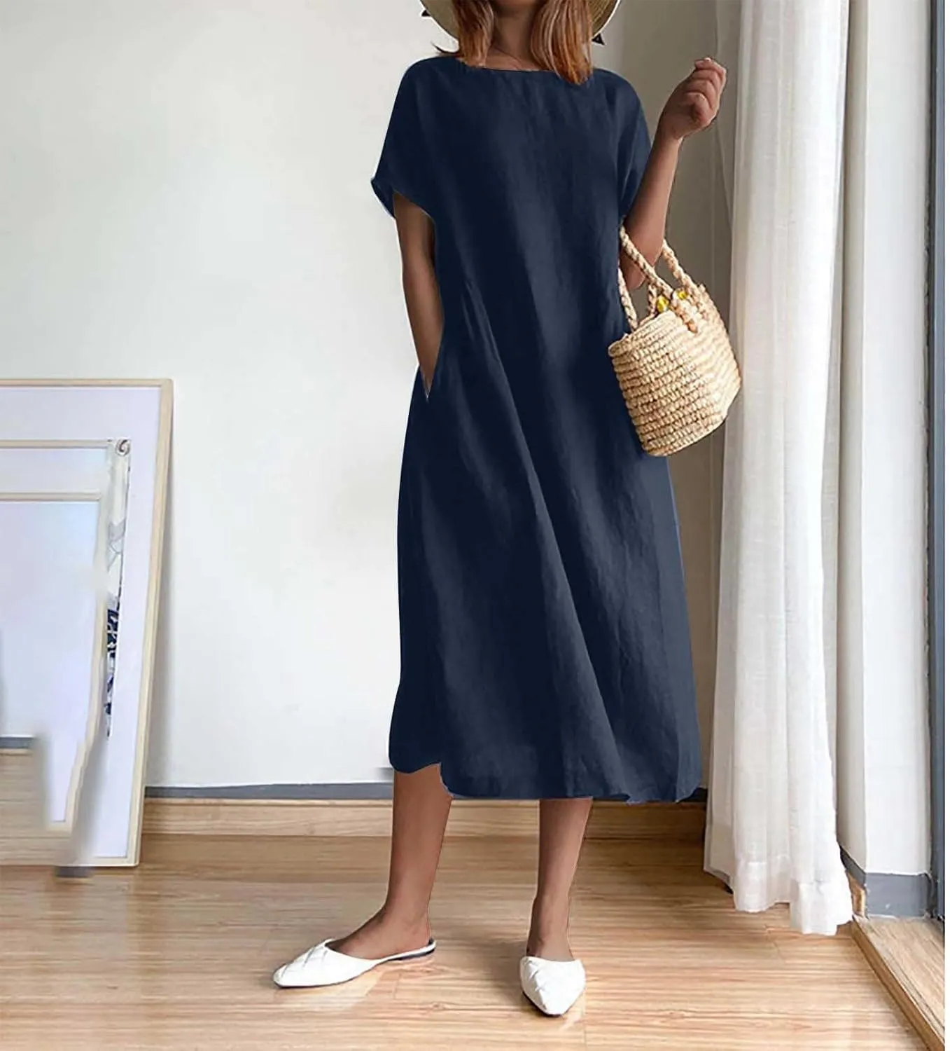 Women's Flowy Cotton Linen Dress Summer Beach Casual Loose Short Sleeve Round Neck Baggy Basic Solid Color Long Dress