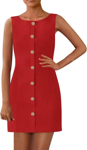 Women's Formal Dresses Sleeveless Button Down Mini Dresses Crewneck Bodycon Elegant Dress Fashion Summer Dress