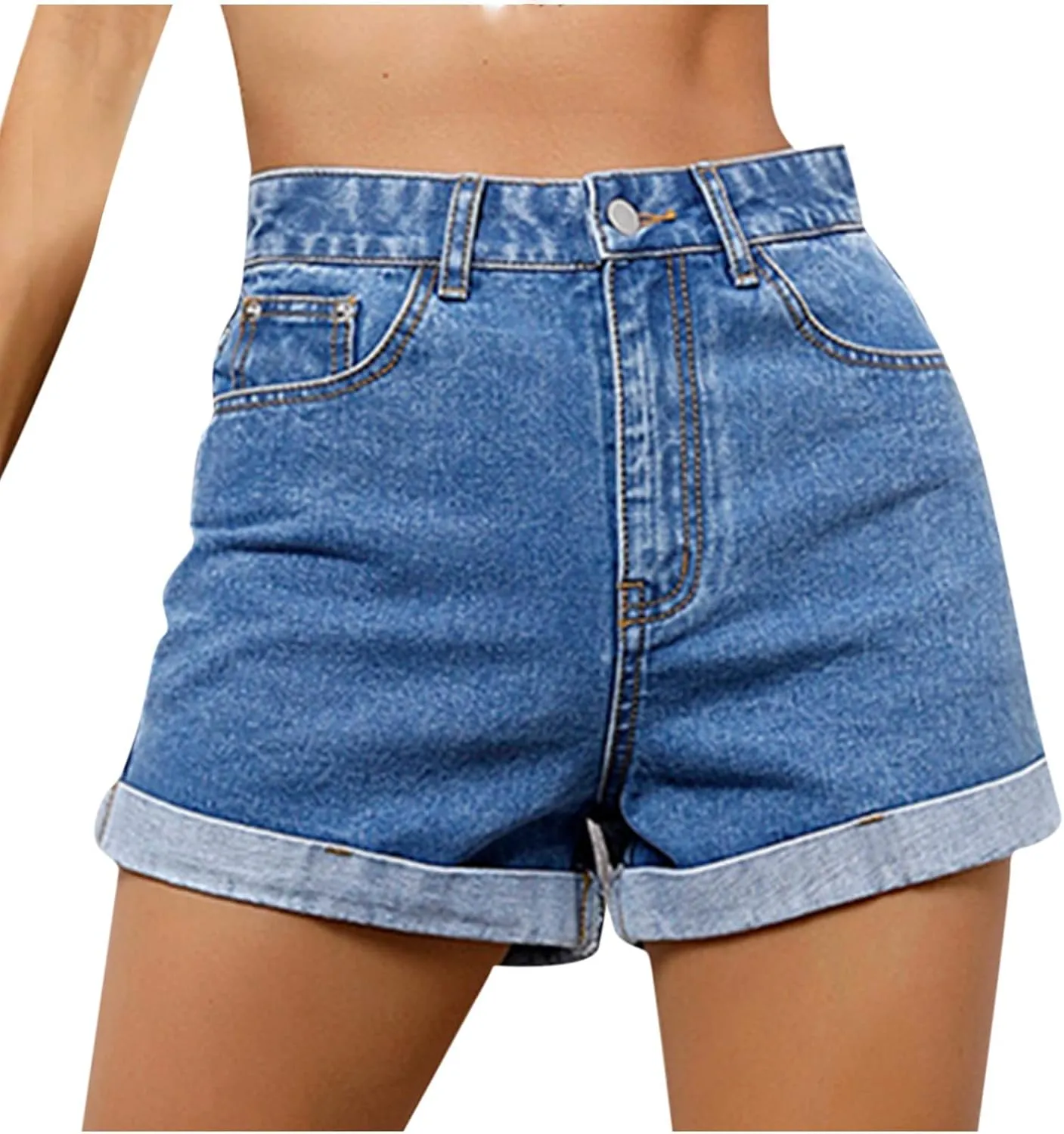 Women's High Waisted Denim Shorts Folded Hem Short Jeans Straight Fit Shorts Summer Stretchy Jean Shorts