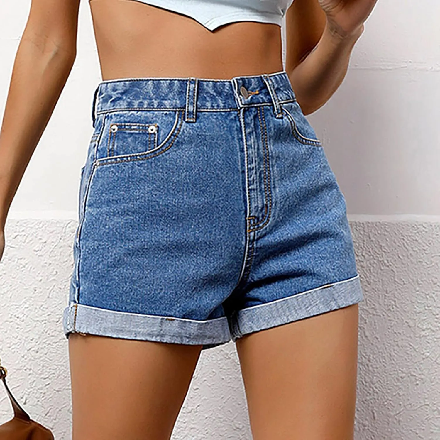 Women's High Waisted Denim Shorts Folded Hem Short Jeans Straight Fit Shorts Summer Stretchy Jean Shorts