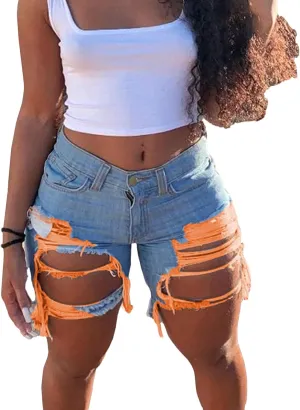 Womens Jean Shorts Ripped Raw Hem High Waisted Distressed Denim Shorts Stretchy Sexy Butt-Lifting Denim Jeans