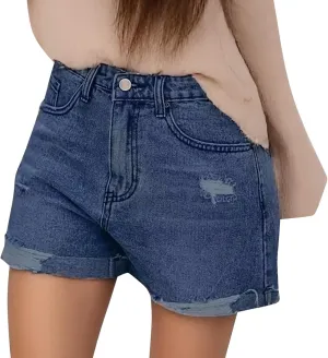Womens Jean Shorts Stretchy High Waisted Ripped Denim Shorts with Pockets Trendy Distressed Cut Off Pants
