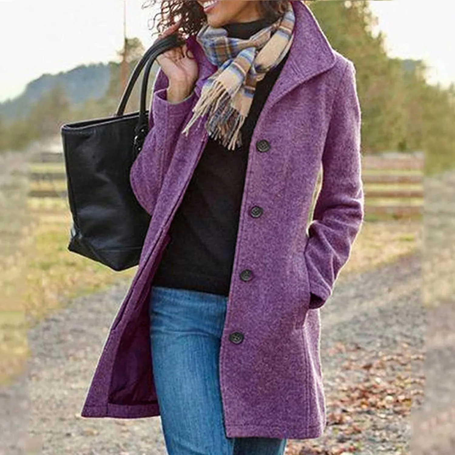 Women's Lapel Wool Coat Single Breasted Pea Coats Winter Wool Blend Blazer Jacket Mid Long Formal Office Trench Coat